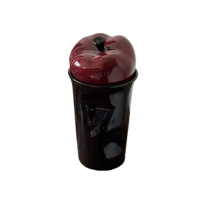 Tasse noire créative en céramique de 400ml, avec couvercle en forme de pomme, tasse à boire domestiq