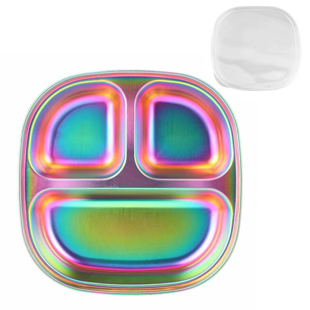 Assiette de contrôle des portions éblouissante en acier inoxydable 304, réutilisable, compartimentée