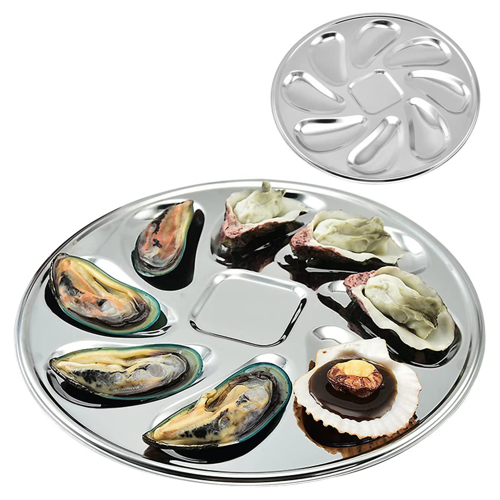 Assiette à huîtres en acier inoxydable AA81-4PCS, en forme de coquille, durable, avec 8 compartiment