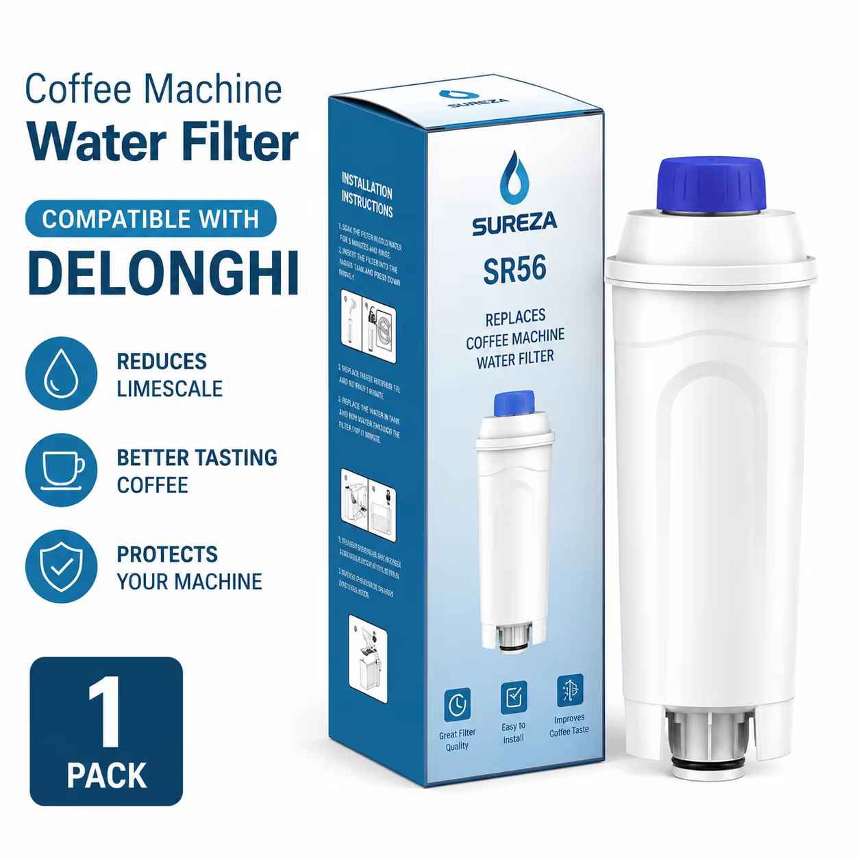 Filtre à eau pour machine à café DeLonghi - Compatible avec les séries EC800, ECAM, ETAM, ESAM, BCO4