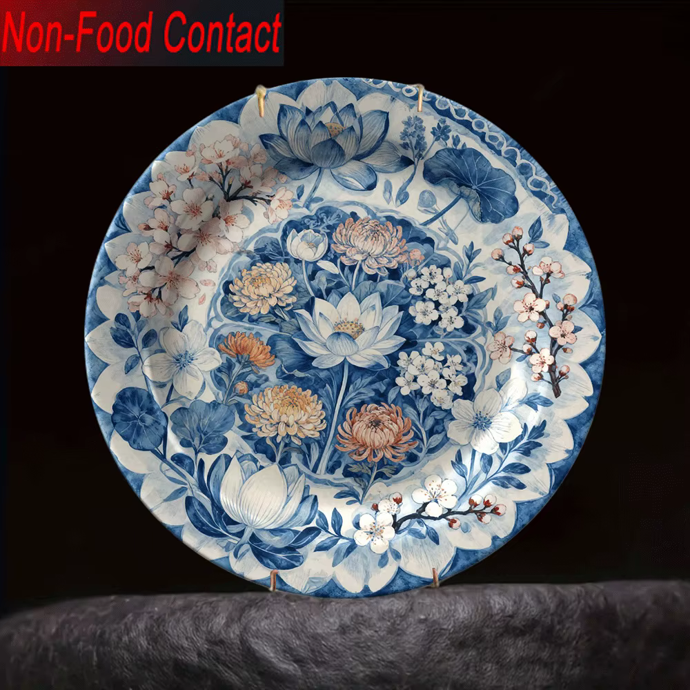 Assiette en céramique bleue et blanche de style chinois - Peinte à la main avec des motifs de lotus,