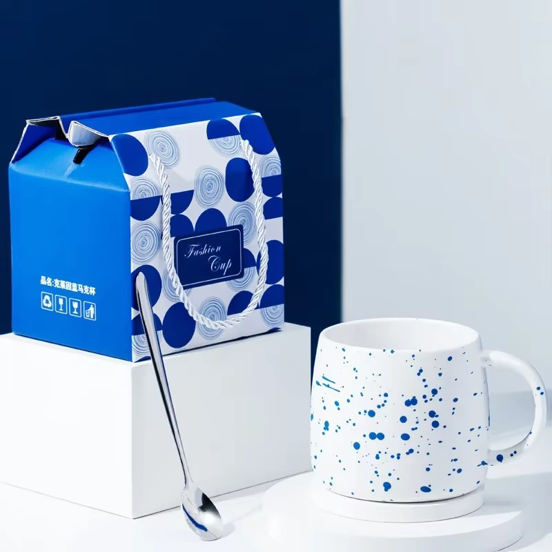 Tasse à café en céramique bleue Klein de 500ml, avec cuillère, paquet cadeau, tasse en porcelaine à