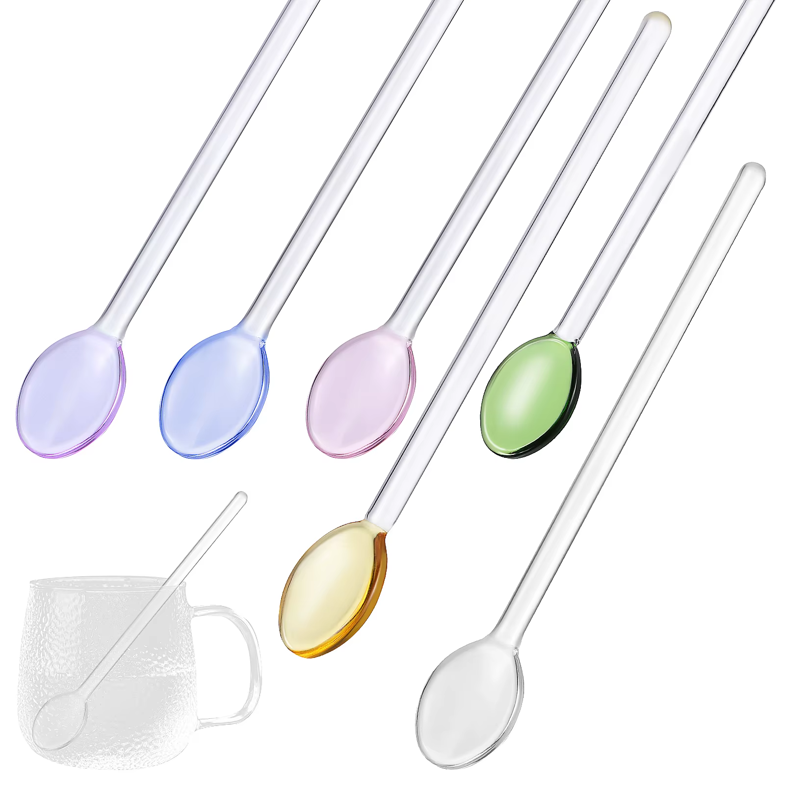 Cuillères en verre à Long manche Transparent, 6 pièces, pour café, thé, miel, Dessert, mélange de bo