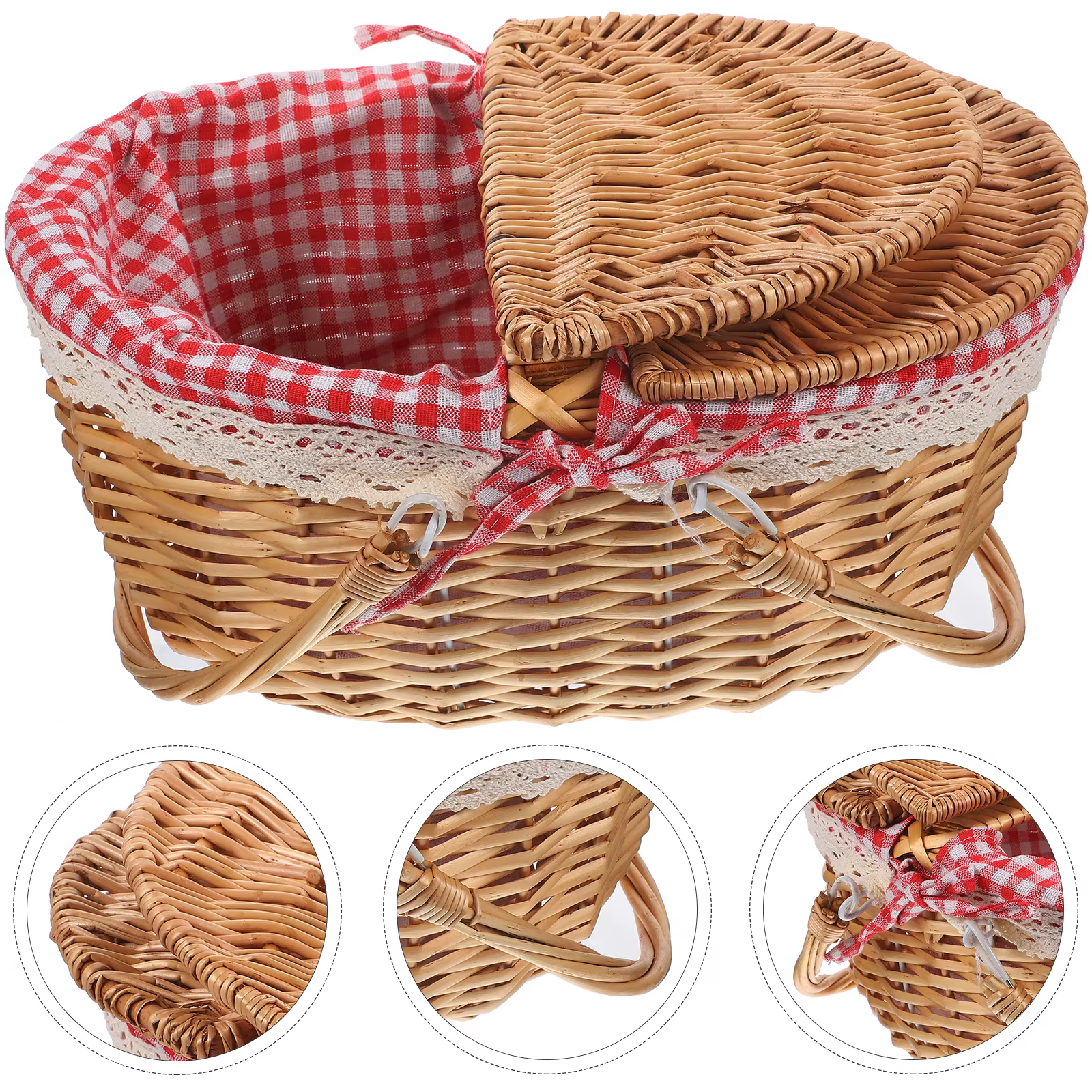 Panier de pique-nique en osier 38x28x18cm, organisateur de rangement à carreaux rouges avec couvercl