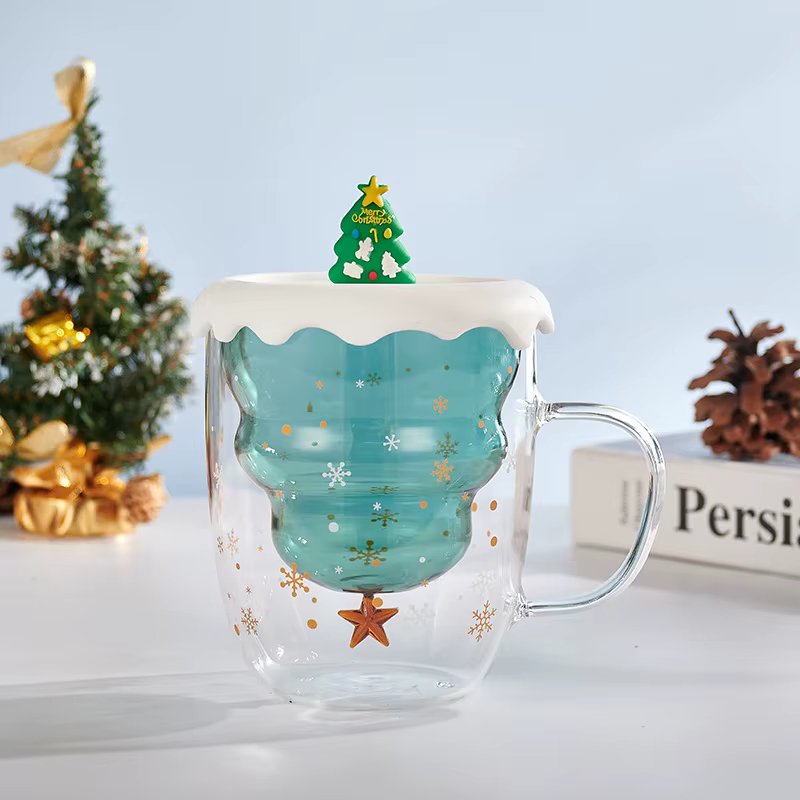 YWDL Arbre de Noël Tasses à café avec couvercle Tasse à thé Tasse à lait Verres isolés à double paro