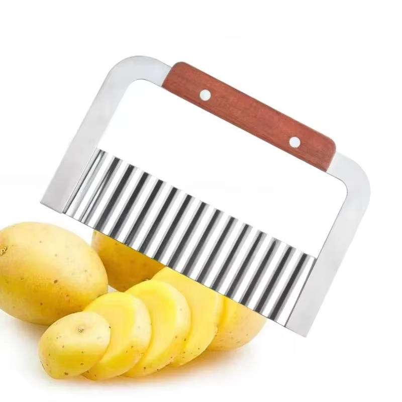 Couteau ondulé avec manche en bois en acier inoxydable, couteau à pommes de terre en dents de loup, 
