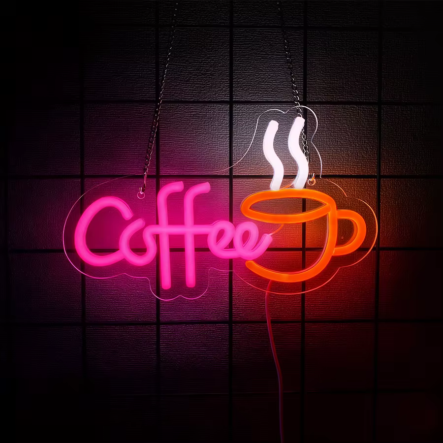 Enseigne néon café, enseignes lumineuses LED en forme de tasse pour la décoration de bar à café, lum