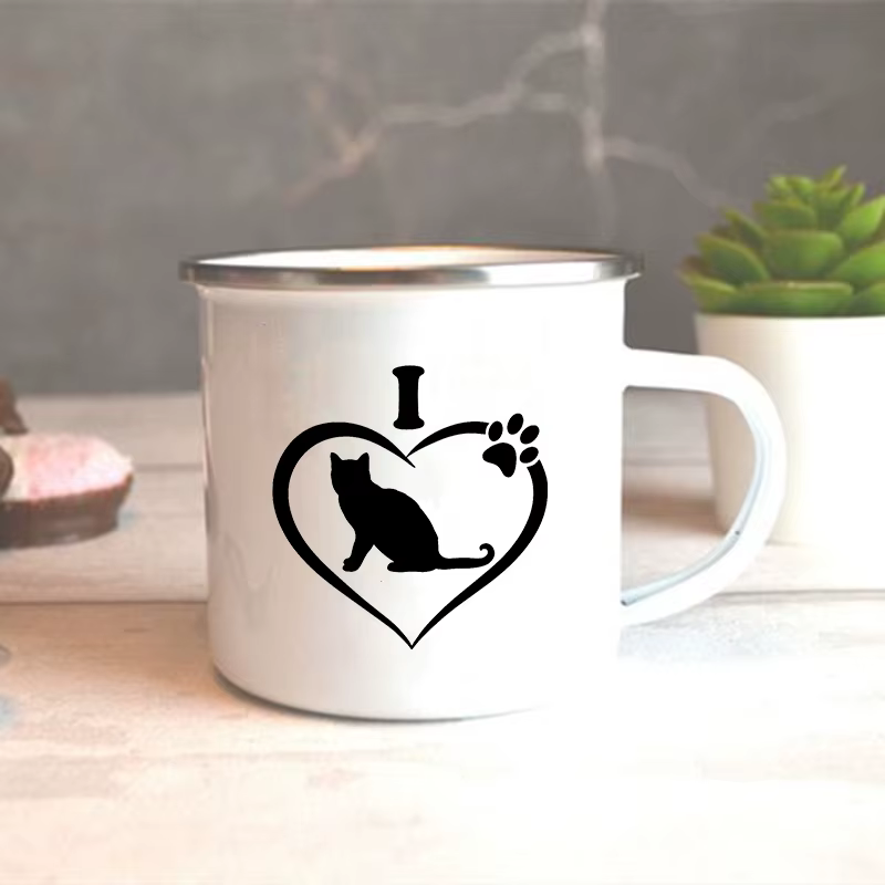 Tasse en émail imprimée I Love My Cat, tasse à café, tasse de voyage, Kawaii Friends, tasse à thé in