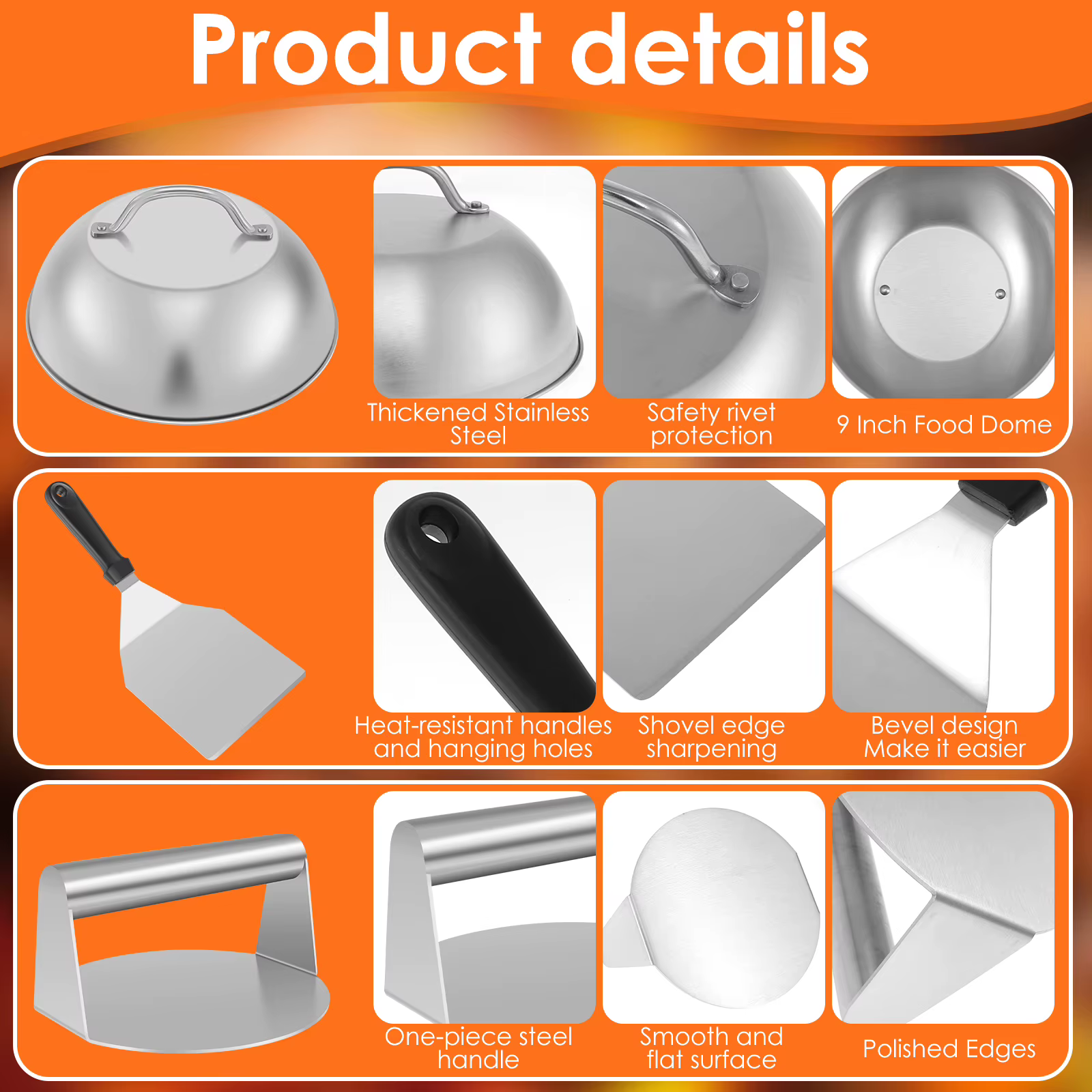 Kit de hamburger Smash avec couvercle, spatule de plaque chauffante, presse à hamburger en acier ino