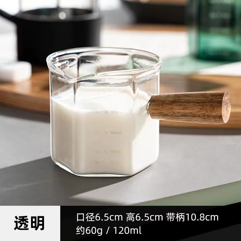 Tasse à mesurer expresso en verre avec manche en bois hexagonal de 120ml, pichet à lait Latte, fourn