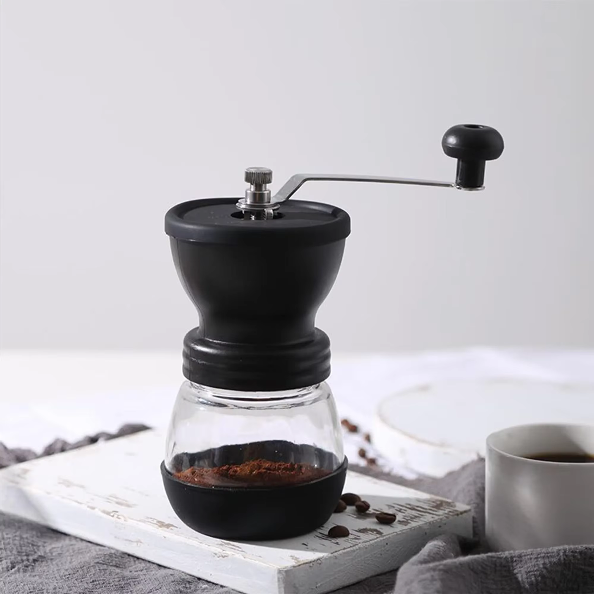 Moulin à café manuel à manivelle, noyau en céramique, avec pot en verre, vente en gros
