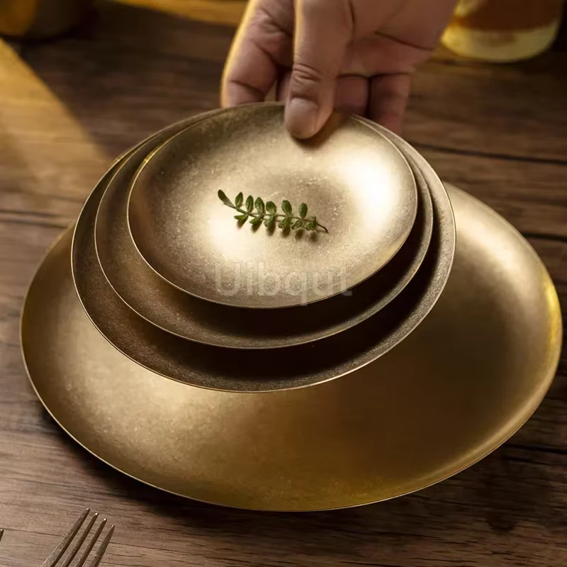 Assiette à dîner en métal de Style industriel Vintage doré, en acier inoxydable, pour Camping en ple