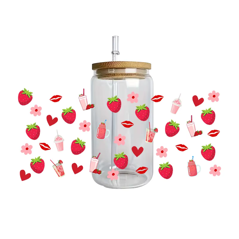 Kawaii fraise Design16oz verre mignon fille décalcomanies pour Libby tasses imperméable UV DTF Wrap 