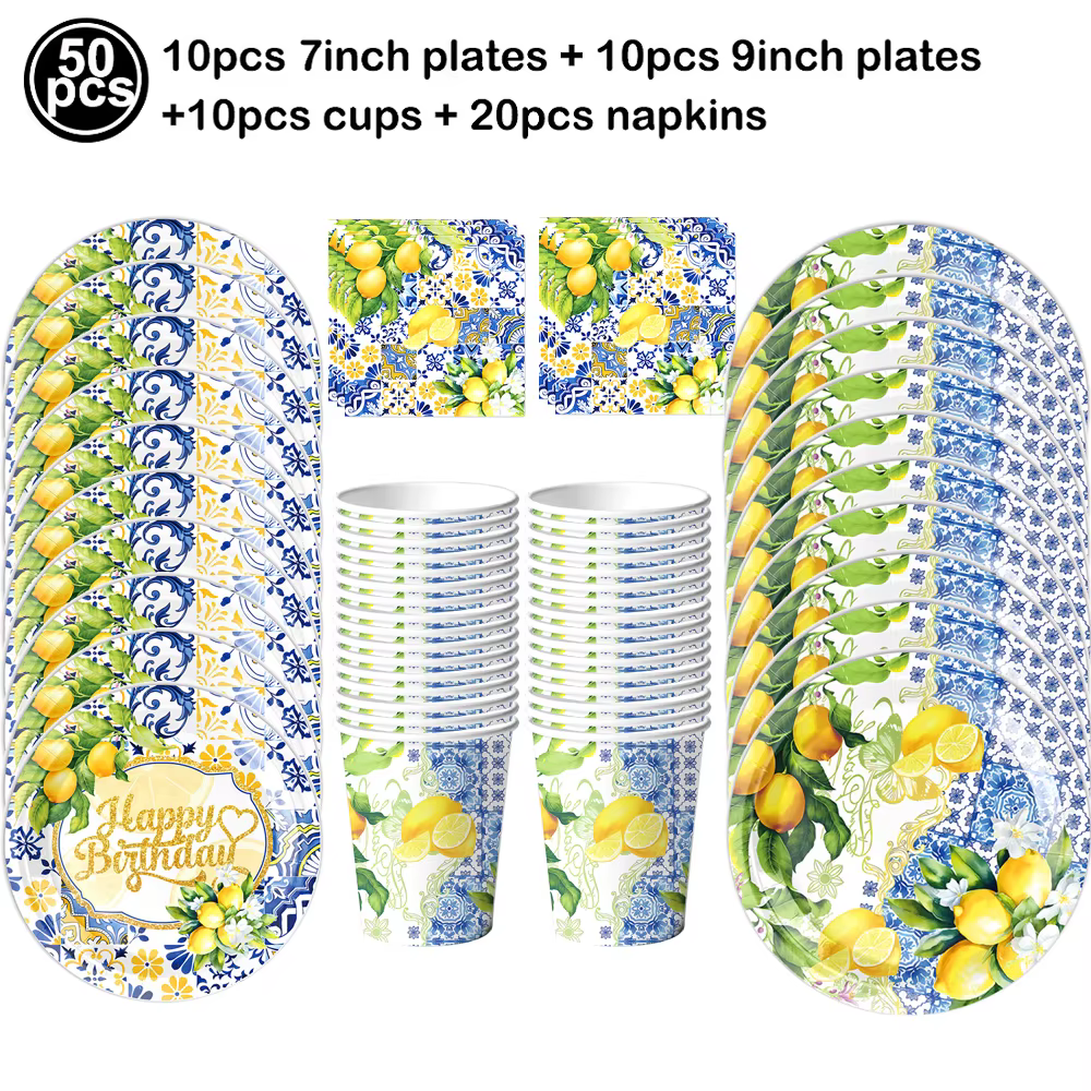 Vaisselle jetable sur le thème du citron, assiettes en papier, serviettes, pailles, gobelets, décora