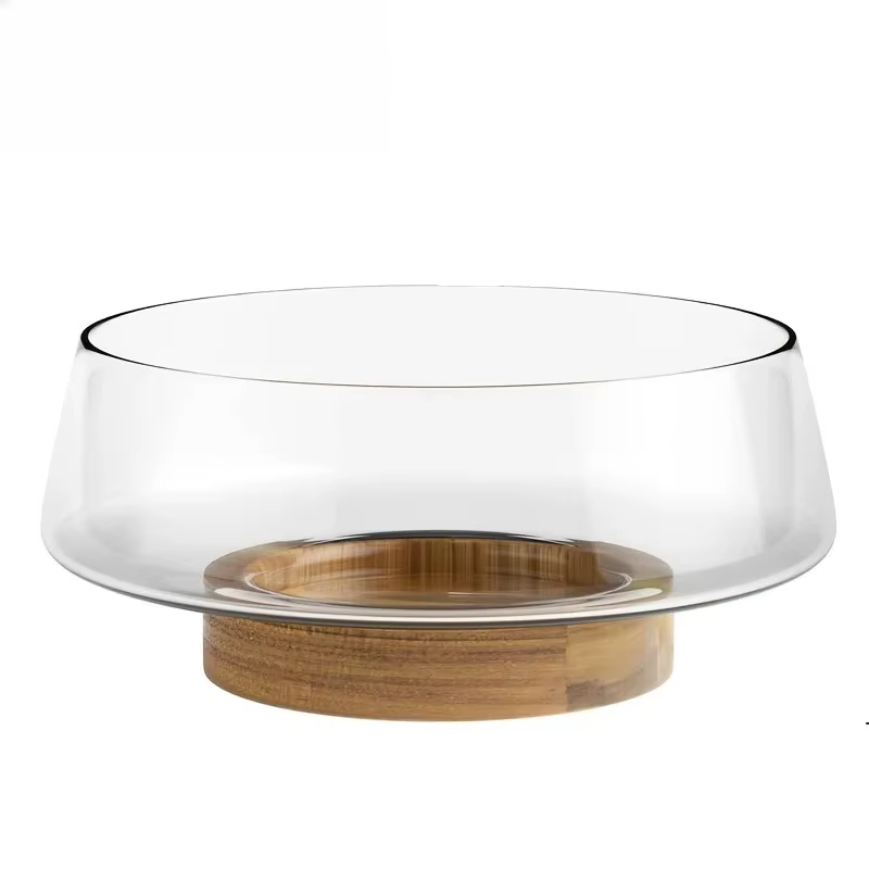 Ensemble de 1 saladier en verre avec base en bois, grand saladier en verre soufflé à la main, essent