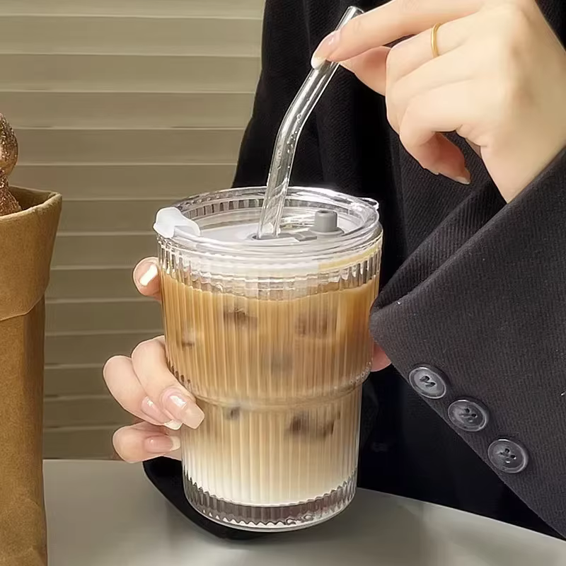 Tasse en verre à rayures de 600ml, avec couvercle et paille, verres transparents pour jus d'eau et t