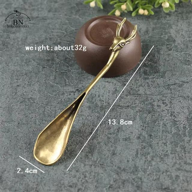 Cuillère à thé en laiton vintage, tête de cerf, tête de dharma, pelle à café, cuillère à thé noire, 