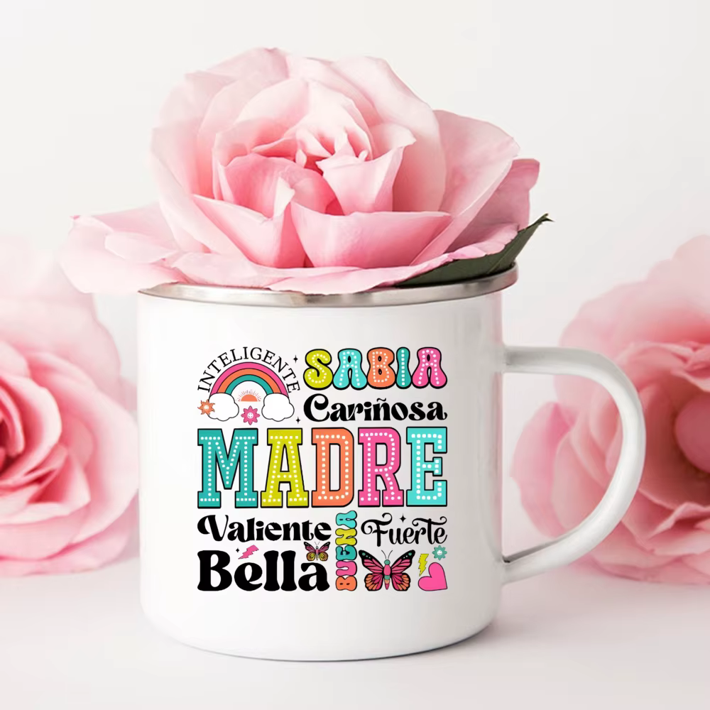 Tasse à café en émail imprimé espagnol pour mère courageuse, intelligente, pour boissons, lait, Camp