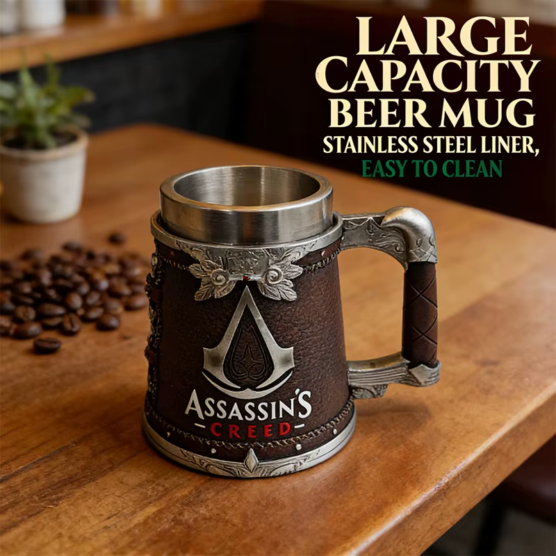 Chope à bière grande capacité Assassin's Creed, en acier inoxydable et résine, à thème de jeu, cadea