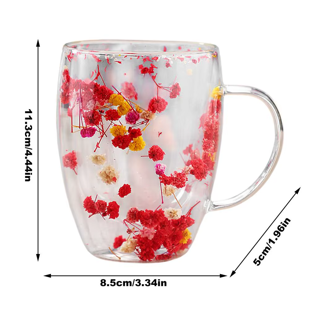 Tasse à café en verre à double paroi, tasses à couches isolées, poignée anti-brûlure, fleurs séchées