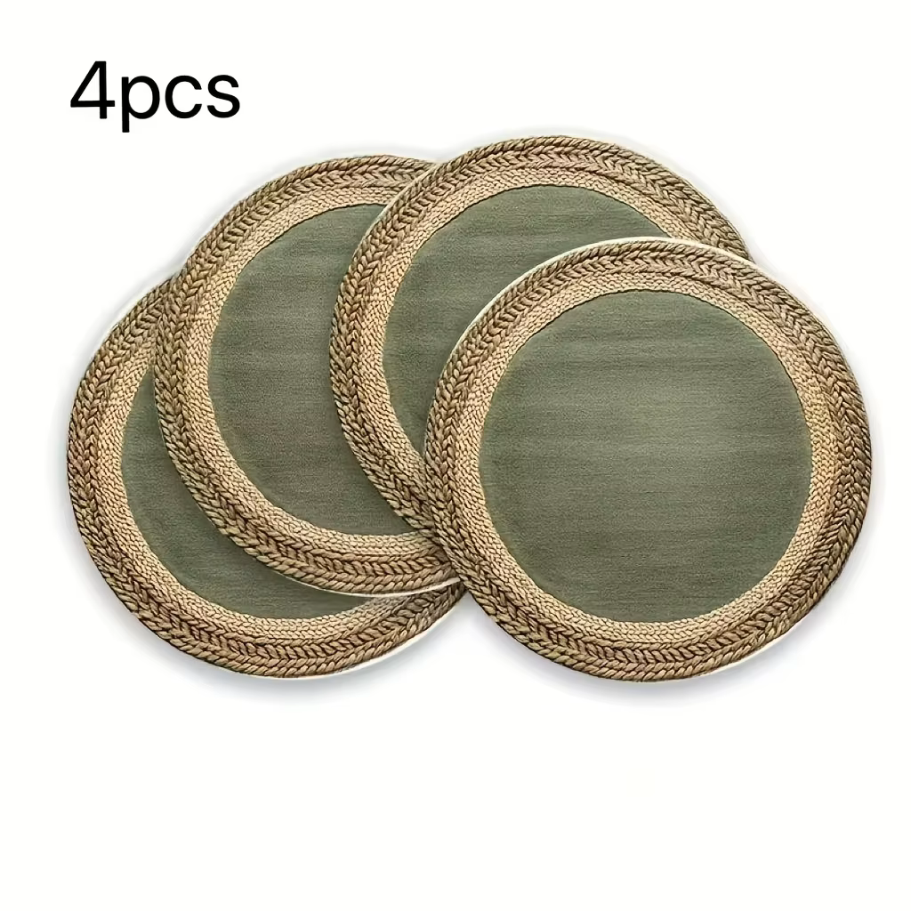Lot de 4 sets de table ronds de style rustique, adaptés aux tables à manger, beige clair et vert, la