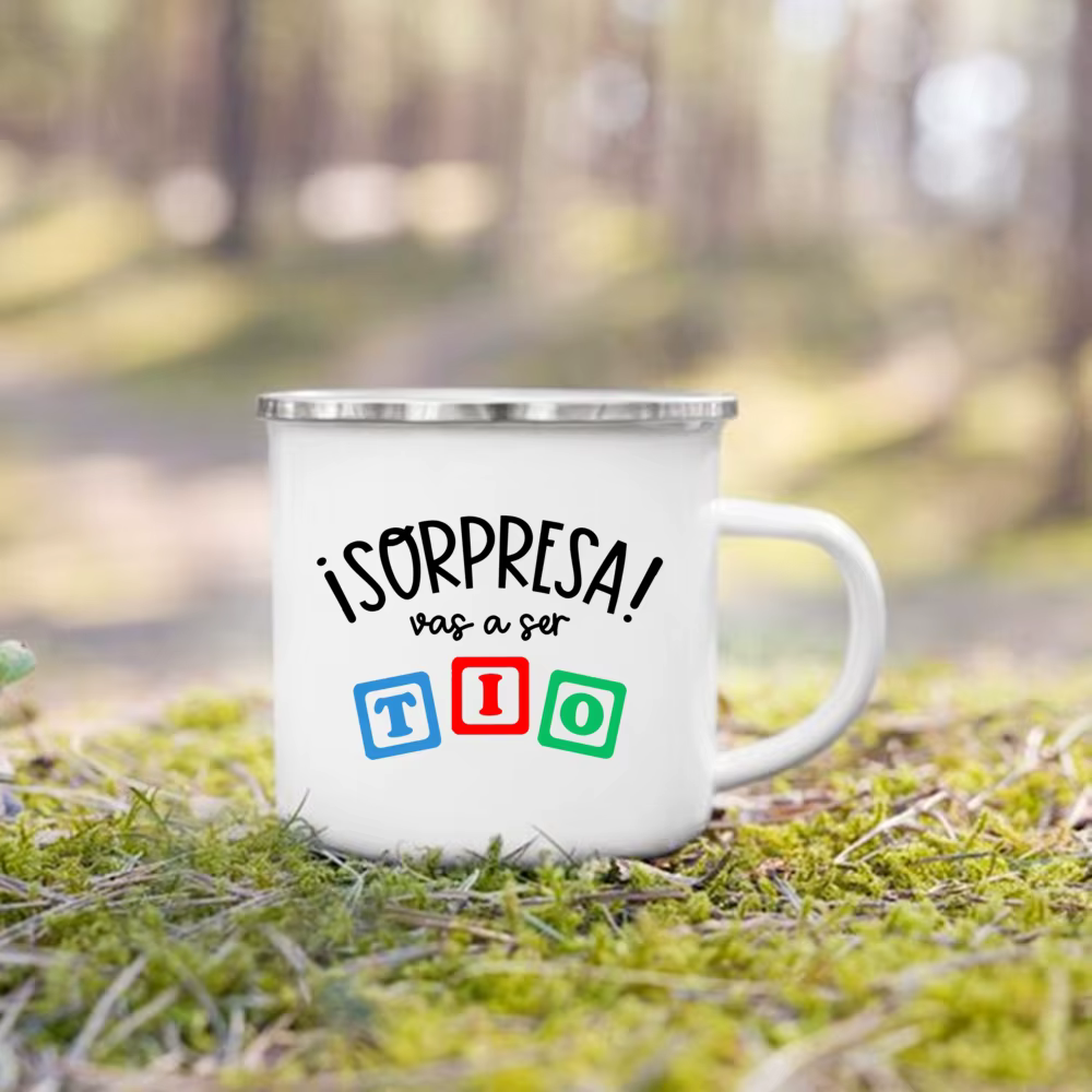Tasse en émail imprimée Surprise, vous va pour être une tante/oncle/grand-père grand-mère, annonce d