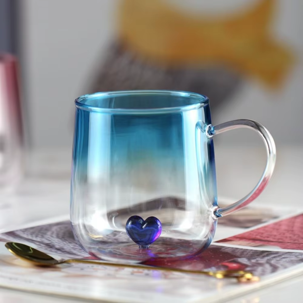 Nouvelle tasse en verre transparent dégradé, cœur 3D, 400 ml, tasse à café en verre, grande capacité