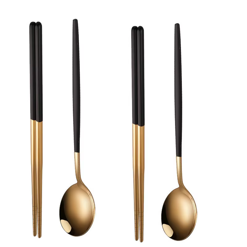 Ensemble de couverts ménagers en or noir, baguettes cuillère vert or, service de vaisselle en acier 