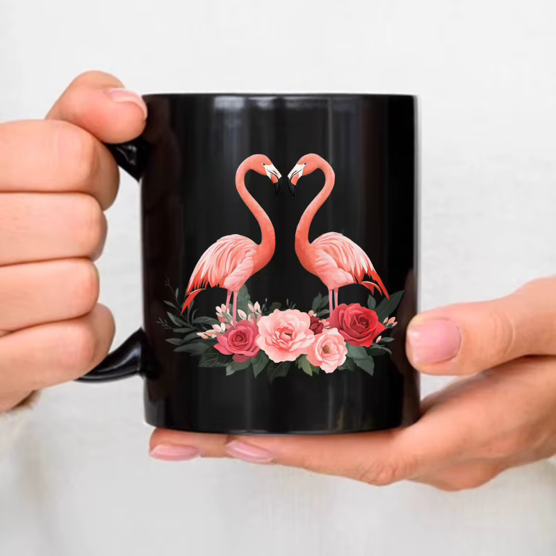 Tasse en céramique flamant rose, flamant noir au design floral rose, adaptée au café, au thé ou en c