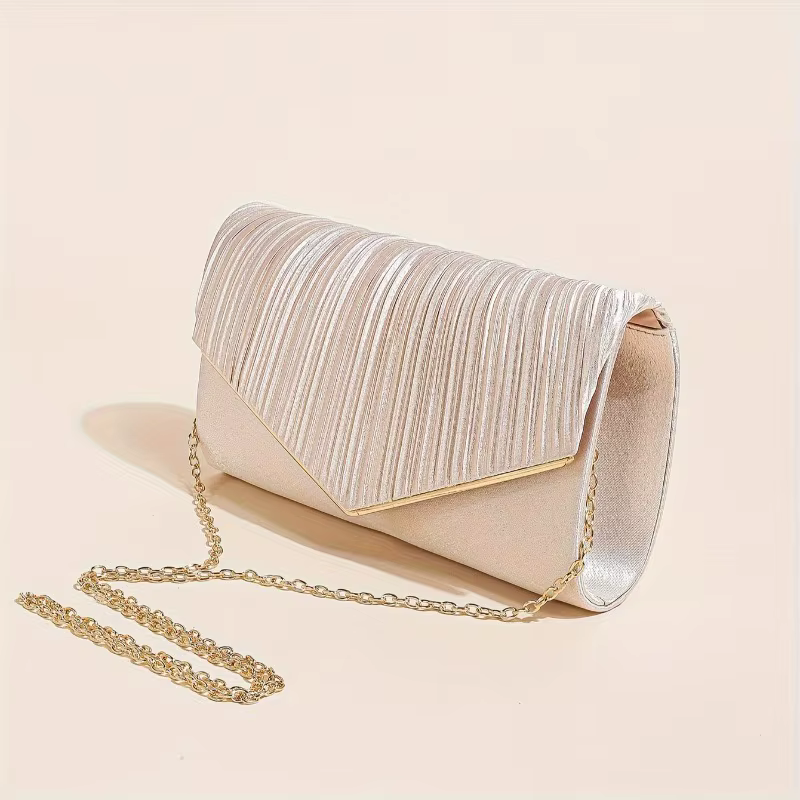 Pochette plissée champagne, élégante pochette de soirée à bandoulière avec chaîne dorée détachable, 