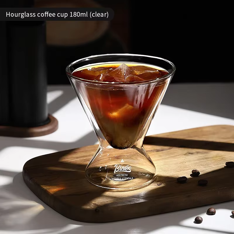 Bincoo Tasse à café en verre sablier isolé à double paroi Tasse à poignée anti-brûlure résistante à 