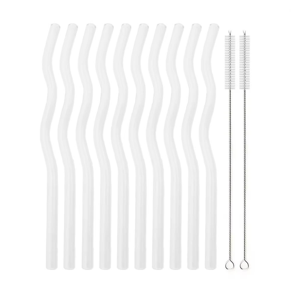 Pailles en verre ondulées réutilisables, 10 pièces, 7.8 pouces x 8mm, transparentes, écologiques, av