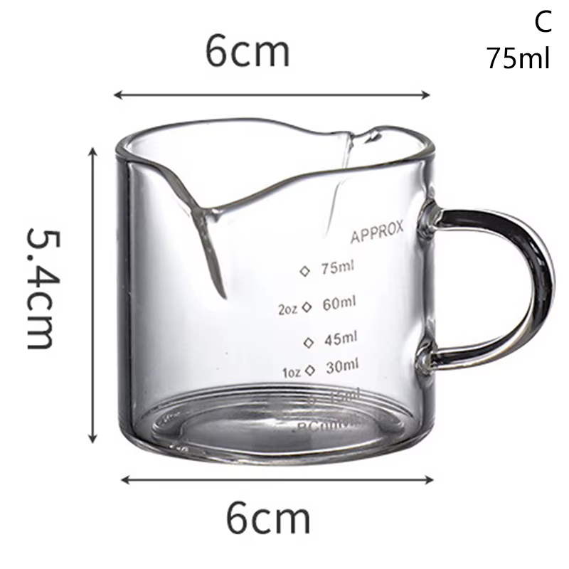 Verre doseur à expresso 70/75 ml avec double bec verseur, poignée résistante à la chaleur, échelle g