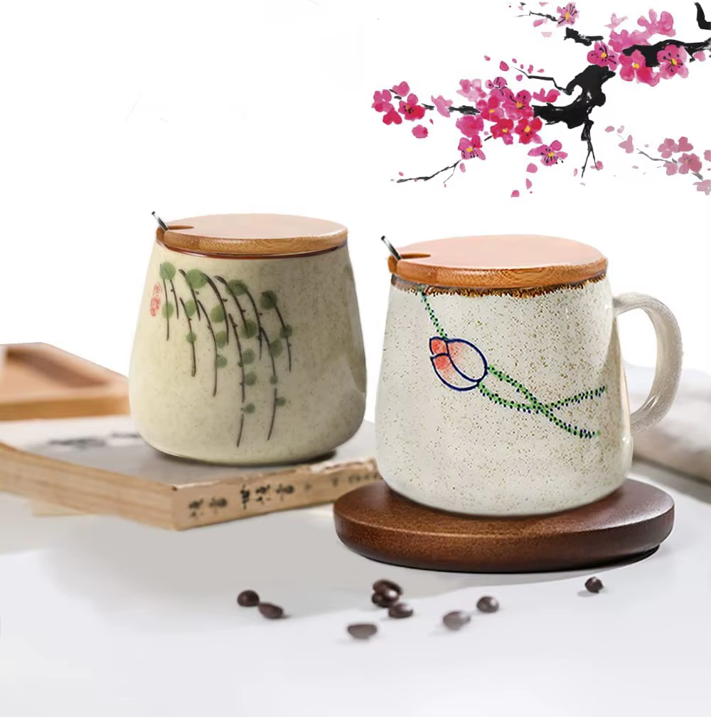 YWDL – tasse à café japonaise en céramique de 350ml, avec couvercle et cuillère, tasses à lait pour 