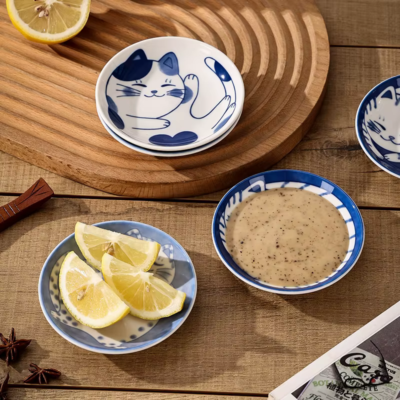 Plat à Sauce à Dessert en céramique de Style japonais, vaisselle créative et mignonne, motif de chat