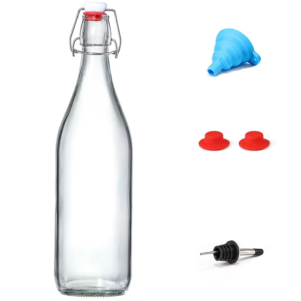 Bouteilles en verre classiques à bouchon basculant 1L avec marqueur et étiquettes - Bouteille transp