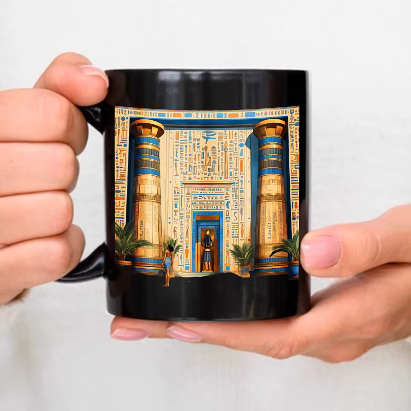 Un temple égyptien noir conçu une tasse en céramique avec hiéroglyphes et colonnes convient à boire 