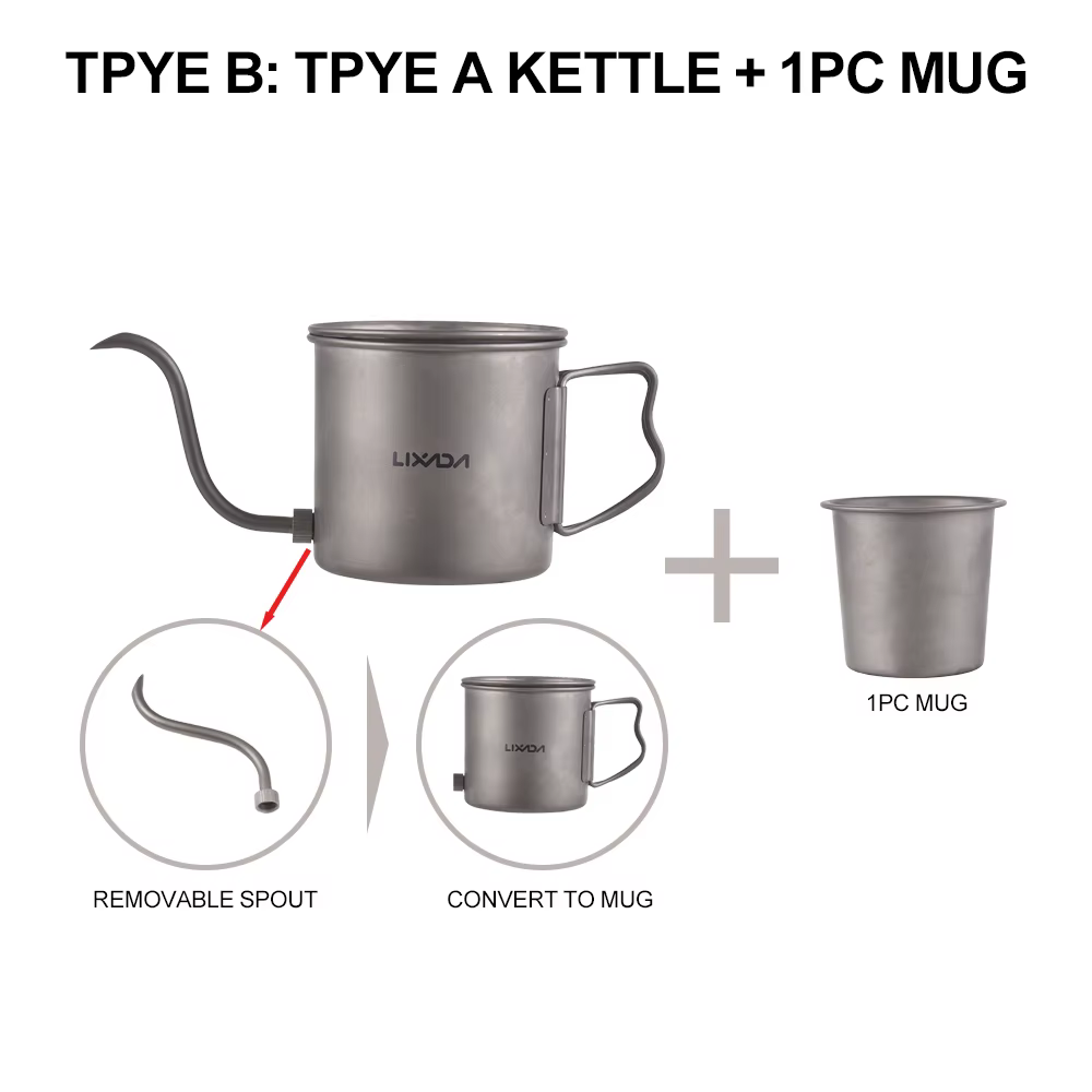 Bouilloire à café en titane LIXADA 400 ml, poignée pliable, col de cygne, cafetière en titane, bouil