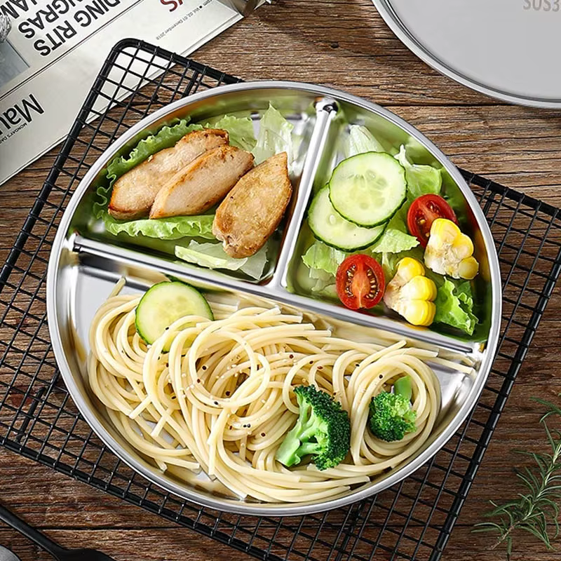 Assiette à dîner en acier inoxydable à 3 grilles, plateau de service, plat à collation, plats divisé
