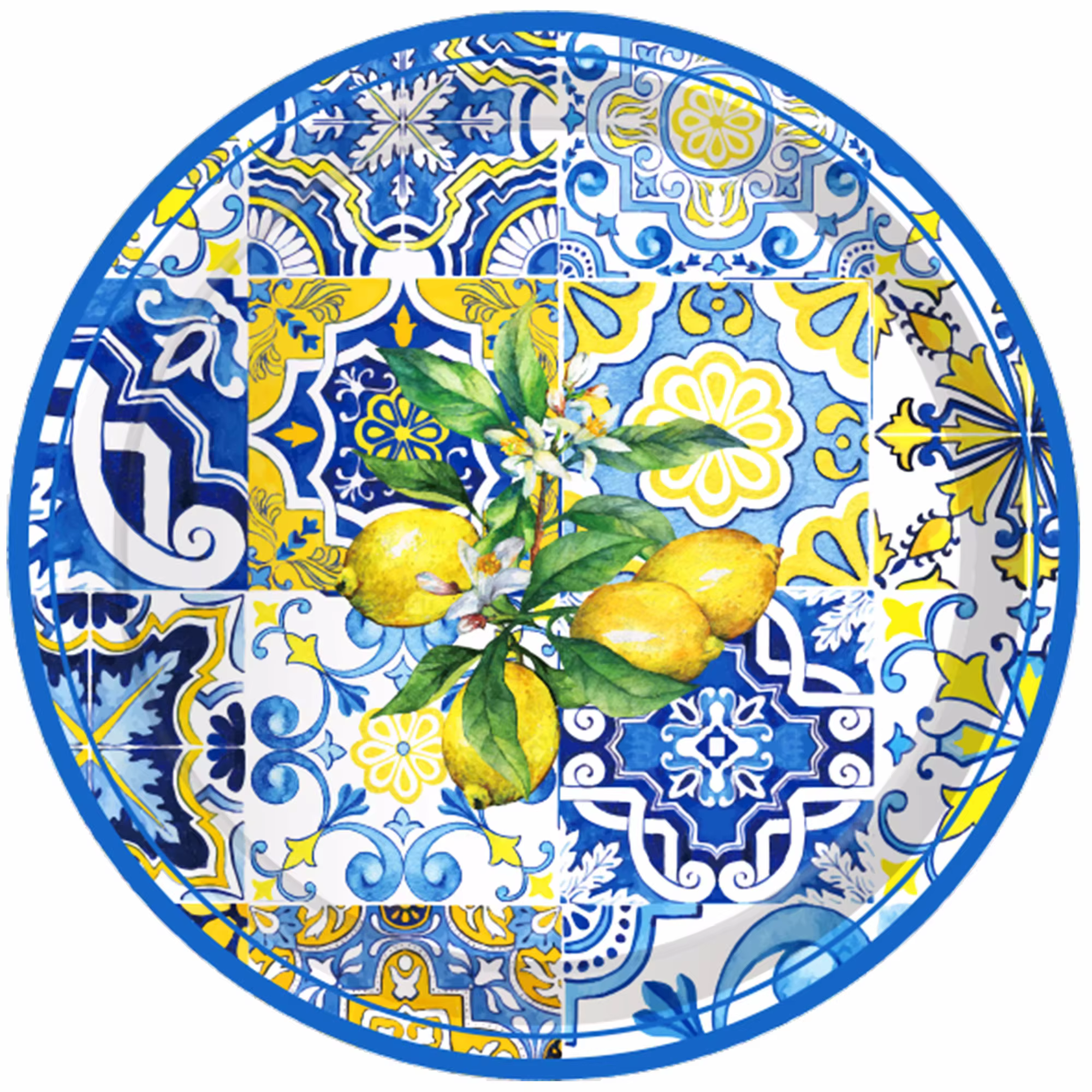 Ensemble de vaisselle jetable en porcelaine bleue et blanche, citron, assiettes en papier, gobelets,