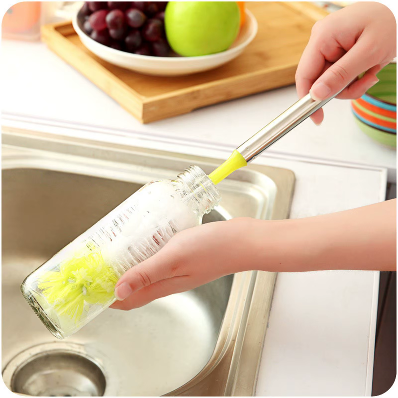 Brosse de nettoyage de bouteilles à tête ronde incurvée, poignée en acier inoxydable, tasse de netto