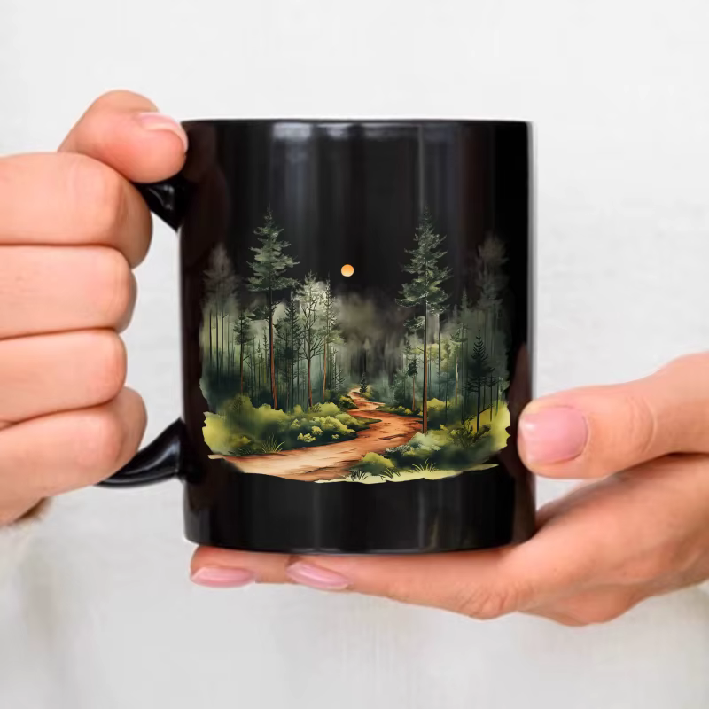 Tasse en céramique, sentier de la forêt noire avec motif lune et arbre, adaptée au café, au thé ou a