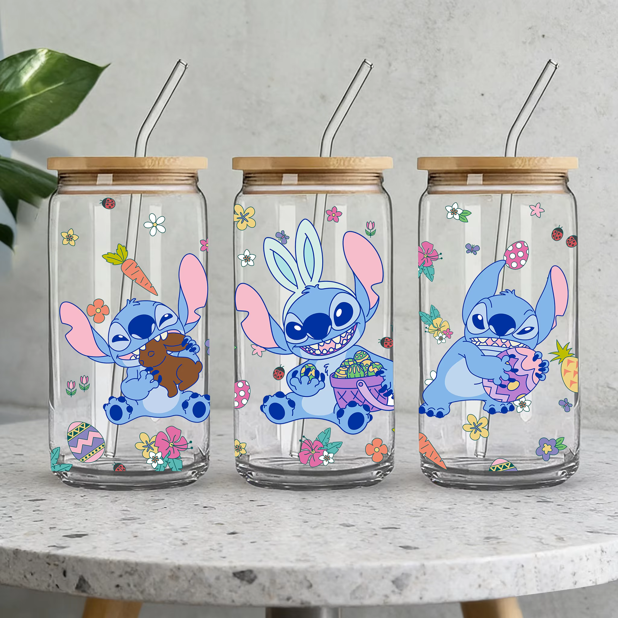 1 pièce Gobelet en verre borosilicate Disney Stitch Pâques de 16 oz avec couvercle et paille, tasse