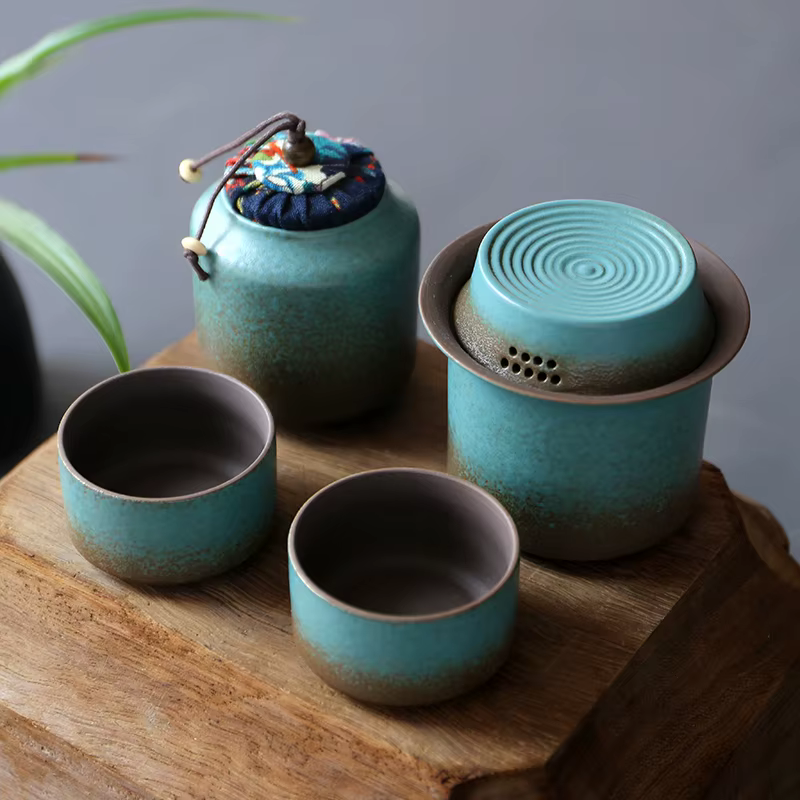 Changement de four vintage printemps vert poterie rugueuse un pot 4 tasses caddie à thé simple petit