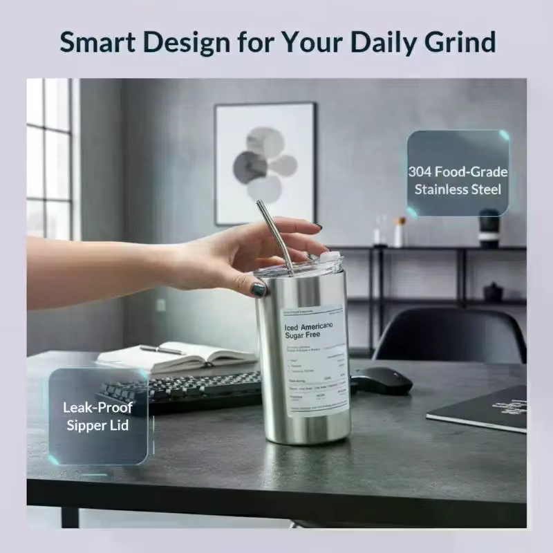 Mug à café isotherme portable en acier inoxydable pour l'extérieur avec paille intégrée