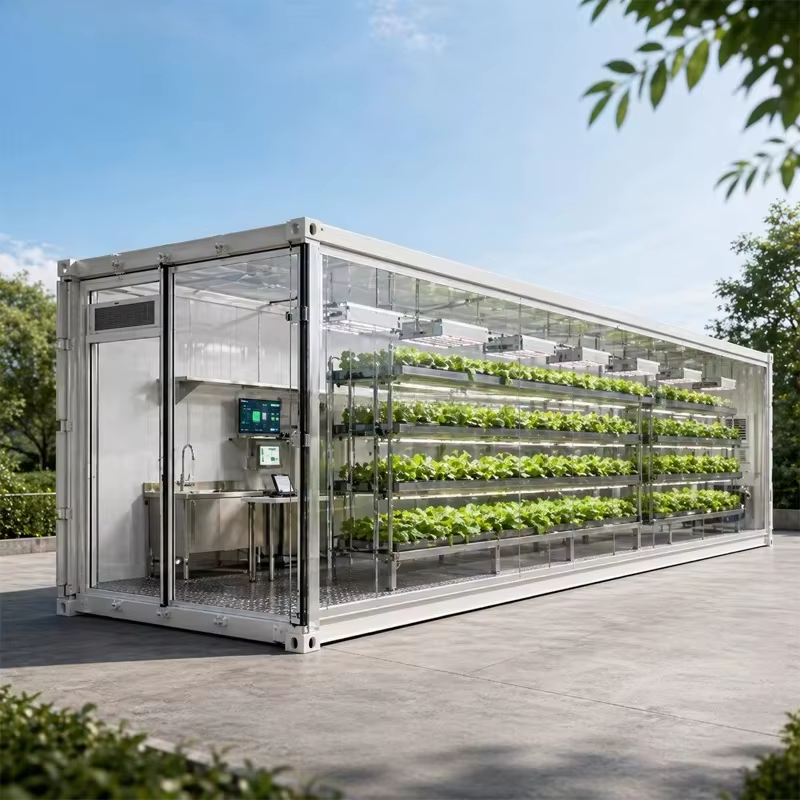 Système de culture hydroponique en conteneur commercial pour laitues, légumes-feuilles et légumes ve