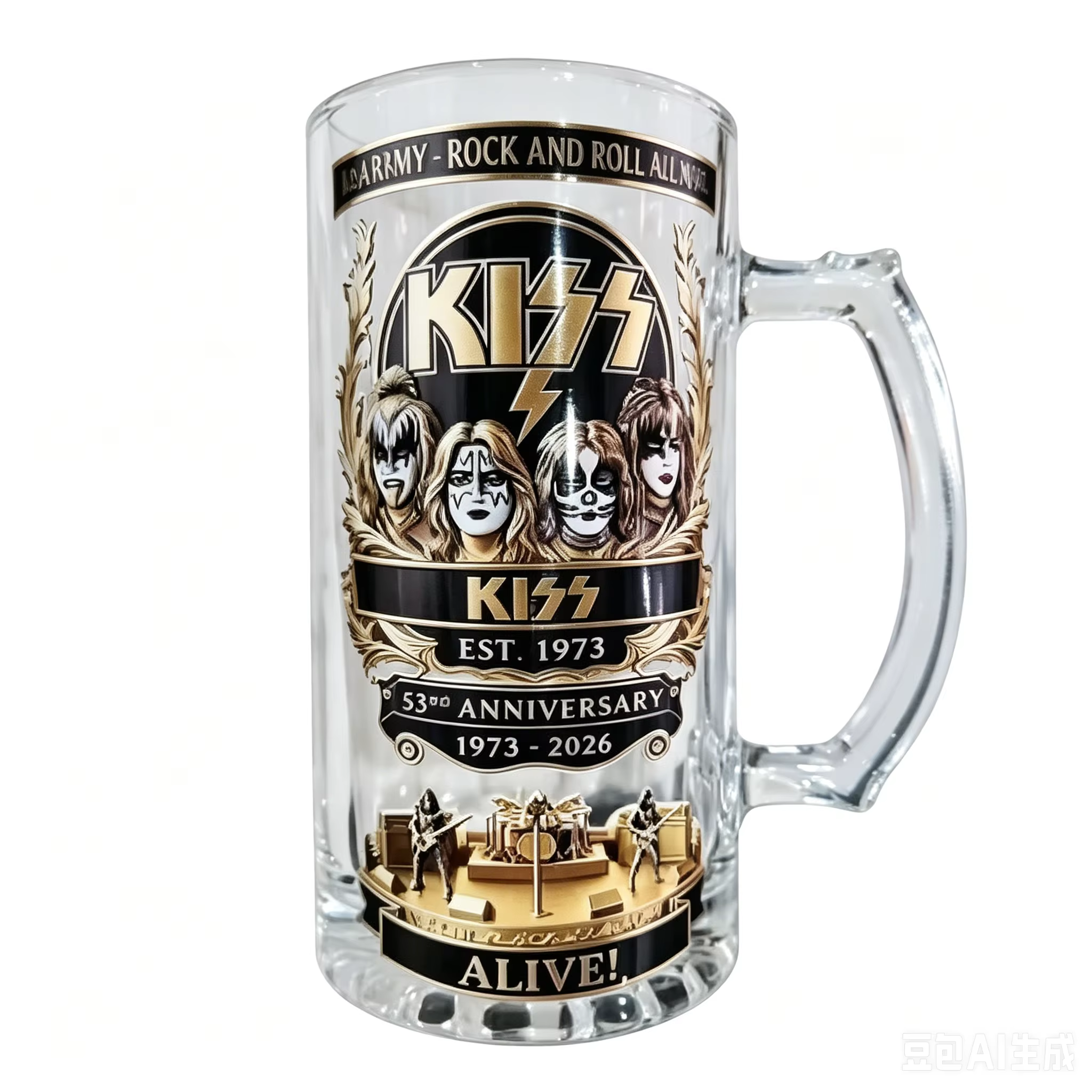 Chope à bière en verre transparent avec poignée, inspirée de KISS, 55e anniversaire 1973-2026, avec