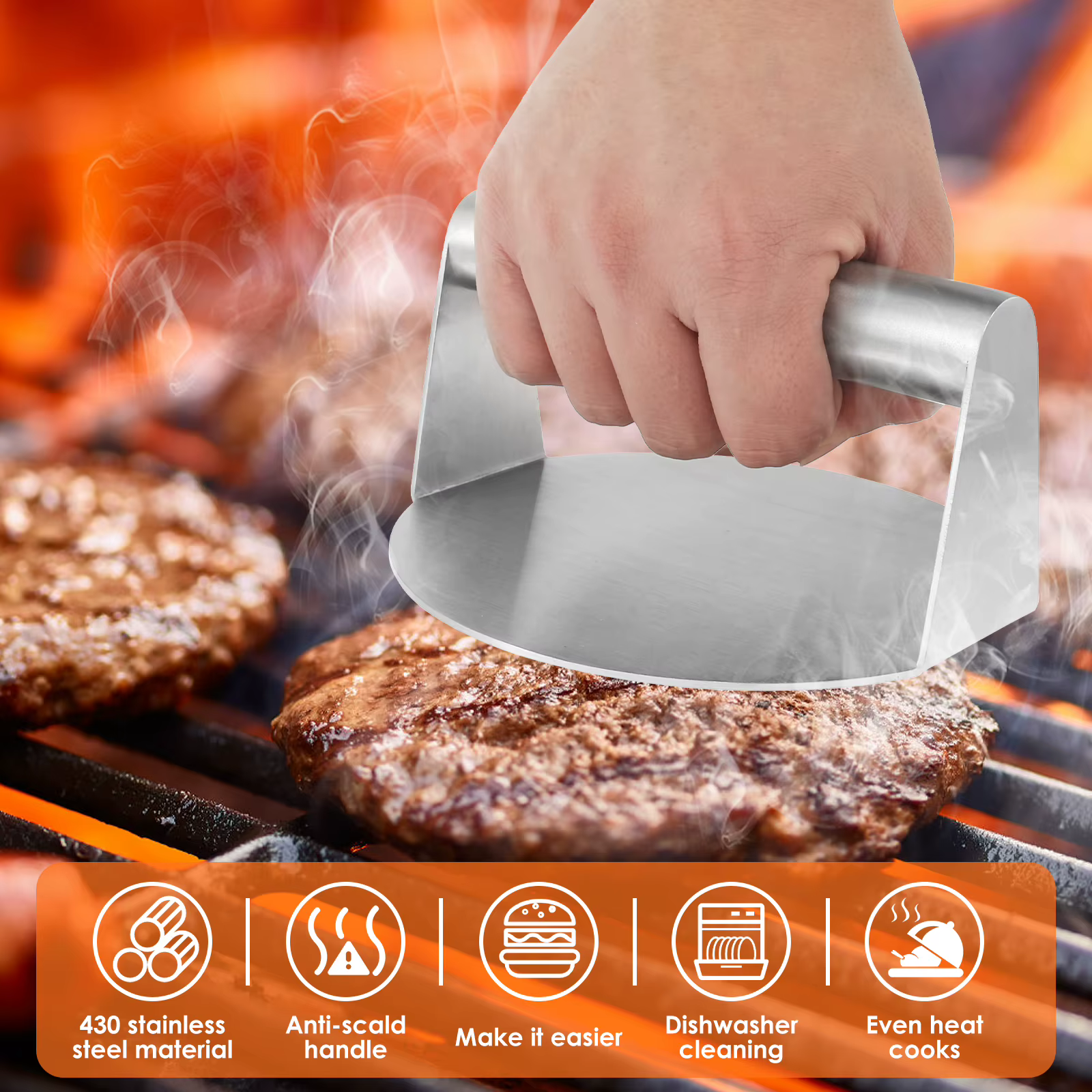 Kit de hamburger Smash avec couvercle, spatule de plaque chauffante, presse à hamburger en acier ino