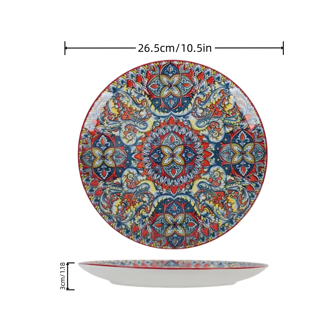 Assiette ronde en céramique de style bohème, assiette peu profonde créative, assiette à Steak exquis