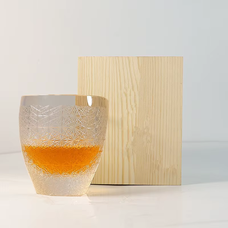 Tasse en verre de cristal gypsophile avec boîte en bois, luxueuse vitrerie japonaise Edo Kiriko, gob